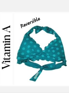 Vitamin A Teal Dot Reversible Halter Bikini Top Sz M